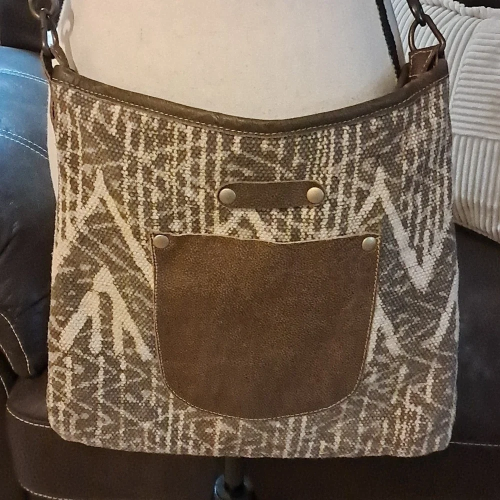 Myra Waco Tribal Cotton Leather Accents Crossbody Tote Bag Festival Boho Hippie